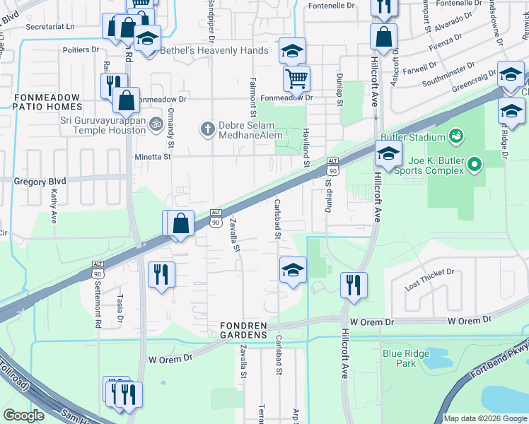 map of restaurants, bars, coffee shops, grocery stores, and more near 14317 South Main Street in Houston