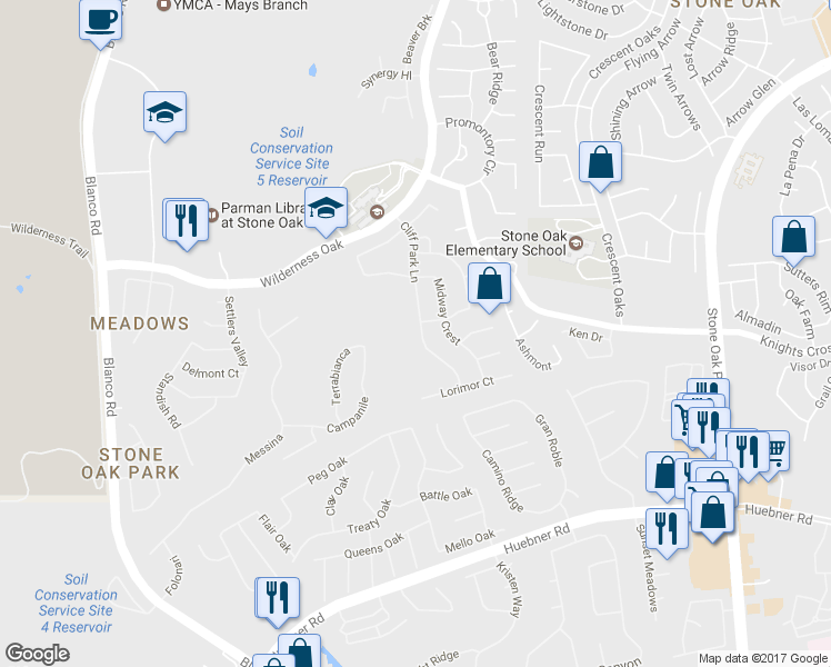 map of restaurants, bars, coffee shops, grocery stores, and more near 20522 Cliff Park Lane in San Antonio