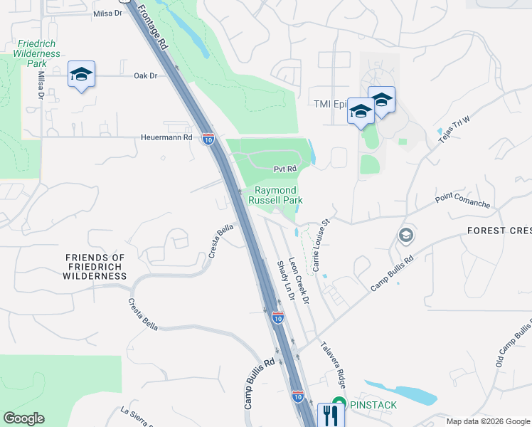 map of restaurants, bars, coffee shops, grocery stores, and more near 6589 Cedar Lane in San Antonio