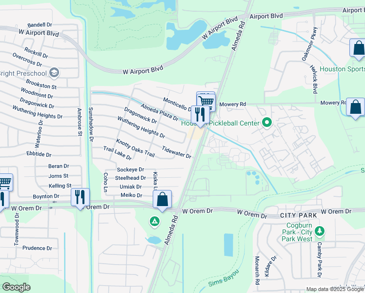 map of restaurants, bars, coffee shops, grocery stores, and more near 2629 Wuthering Heights Drive in Houston