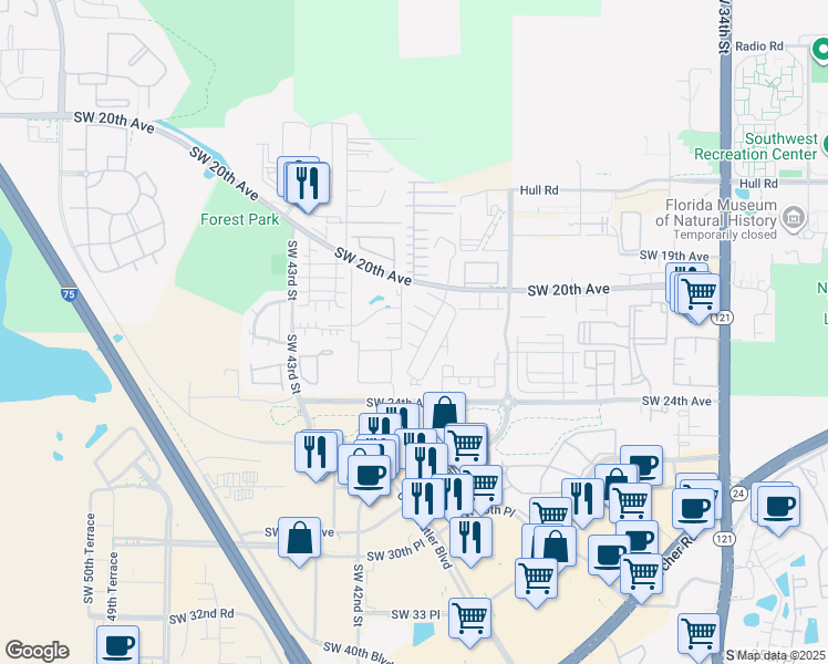 map of restaurants, bars, coffee shops, grocery stores, and more near 4015 Southwest 21st Lane in Gainesville