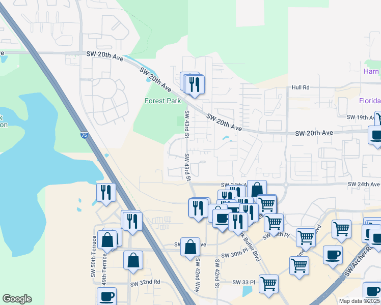 map of restaurants, bars, coffee shops, grocery stores, and more near 4404 Southwest 43rd Street in Gainesville