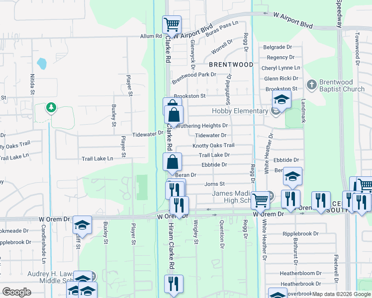 map of restaurants, bars, coffee shops, grocery stores, and more near 4419 Knotty Oaks Trail in Houston