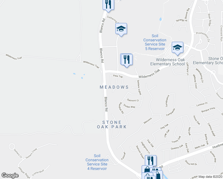 map of restaurants, bars, coffee shops, grocery stores, and more near 20419 Gathering Oak in San Antonio