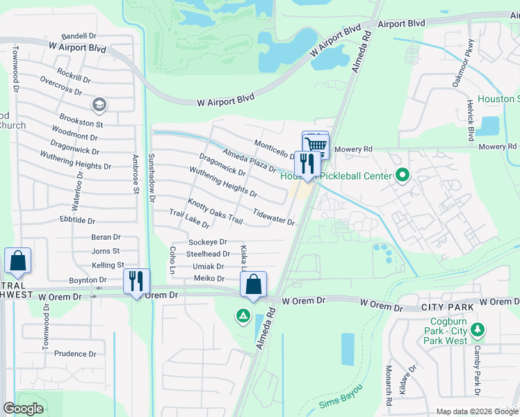 map of restaurants, bars, coffee shops, grocery stores, and more near 2710 Tidewater Drive in Houston