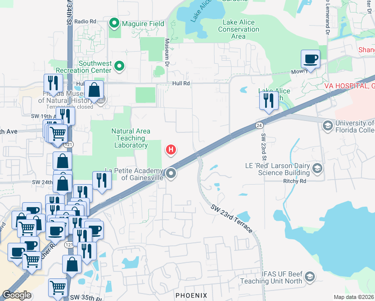 map of restaurants, bars, coffee shops, grocery stores, and more near 2700 Southwest Archer Road in Gainesville