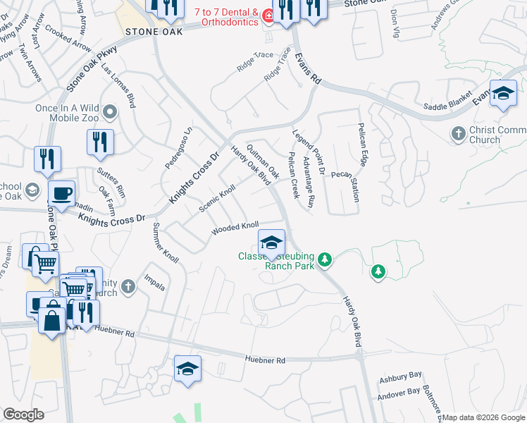 map of restaurants, bars, coffee shops, grocery stores, and more near 1310 Cougar Run in San Antonio