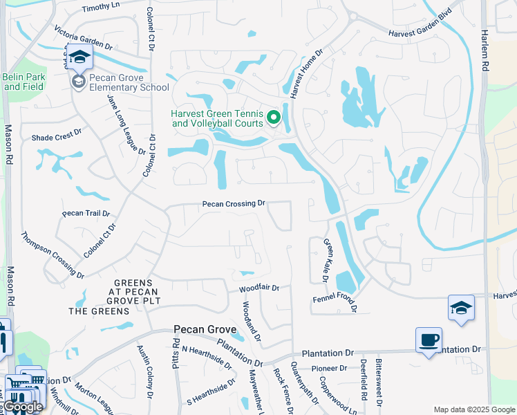 map of restaurants, bars, coffee shops, grocery stores, and more near 1511 Pecan Crossing Drive in Richmond