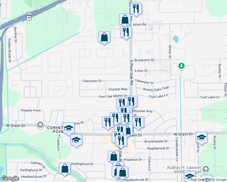 map of restaurants, bars, coffee shops, grocery stores, and more near 5527 Coastal Way in Houston