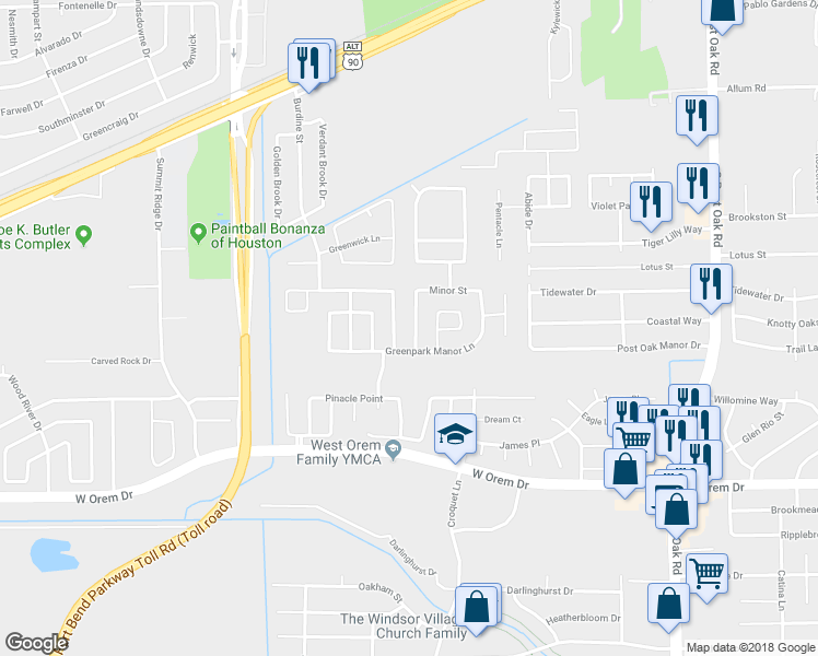 map of restaurants, bars, coffee shops, grocery stores, and more near 13118 Lindenloch Lane in Houston