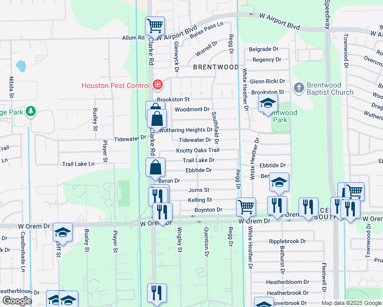 map of restaurants, bars, coffee shops, grocery stores, and more near 4319 Knotty Oaks Trail in Houston