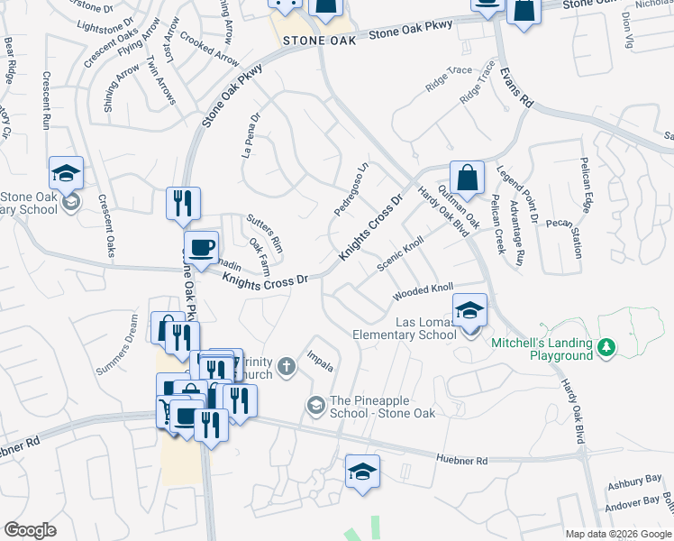 map of restaurants, bars, coffee shops, grocery stores, and more near 1114 Knights Cross Drive in San Antonio
