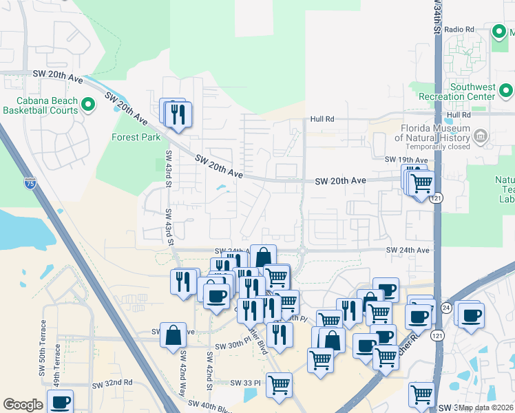map of restaurants, bars, coffee shops, grocery stores, and more near 4005 Southwest 21st Lane in Gainesville