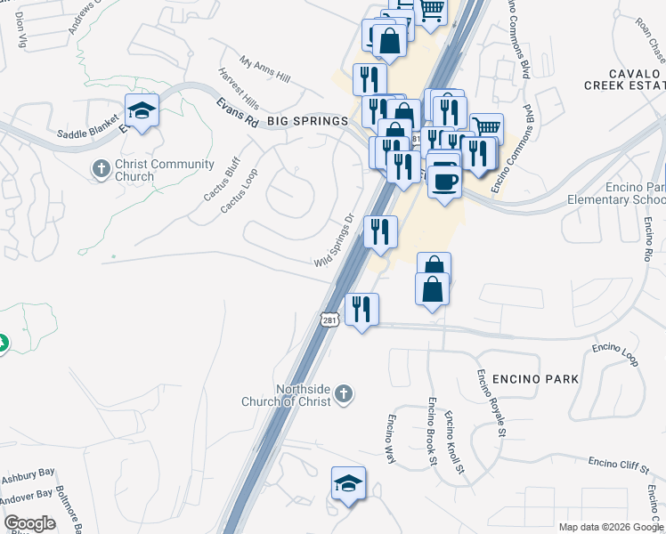 map of restaurants, bars, coffee shops, grocery stores, and more near 20526 Wild Springs Drive in San Antonio