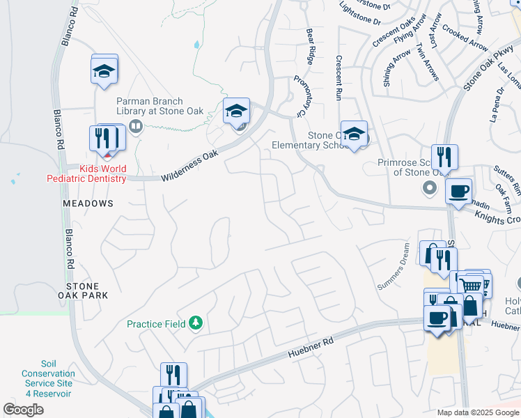 map of restaurants, bars, coffee shops, grocery stores, and more near 20527 Cliff Park Lane in San Antonio