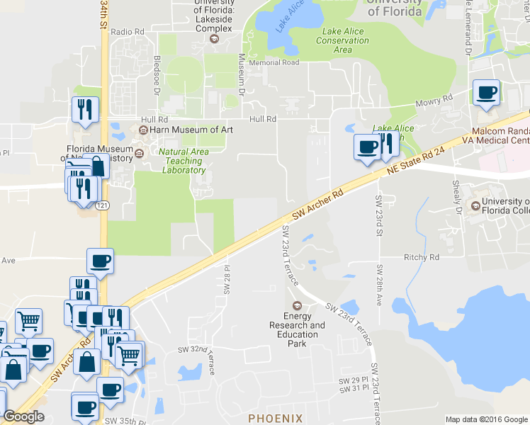 map of restaurants, bars, coffee shops, grocery stores, and more near 2708 Southwest Archer Road in Gainesville
