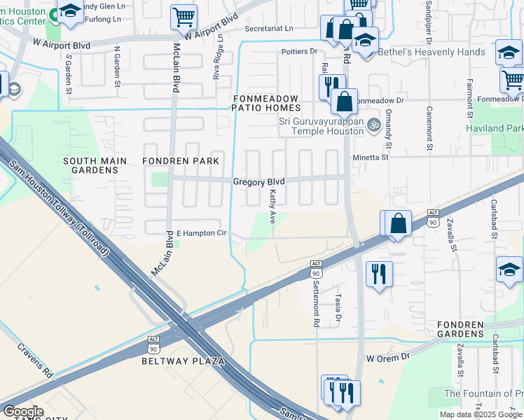 map of restaurants, bars, coffee shops, grocery stores, and more near 11858 South Marianne Circle in Houston