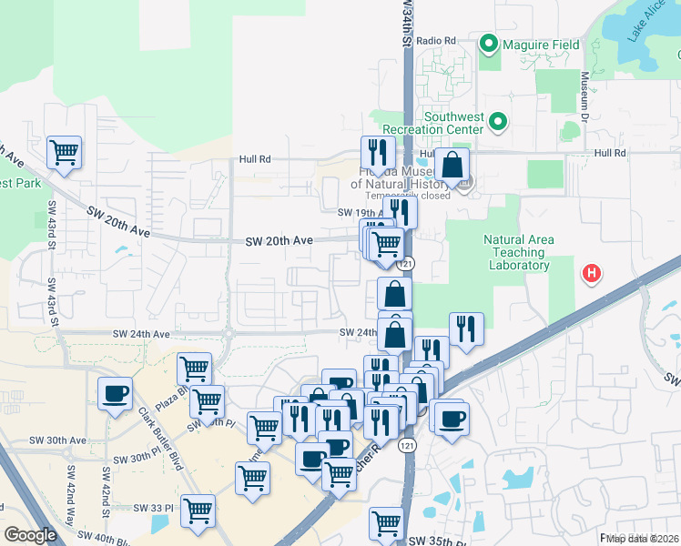 map of restaurants, bars, coffee shops, grocery stores, and more near 3527 Southwest 20th Avenue in Gainesville