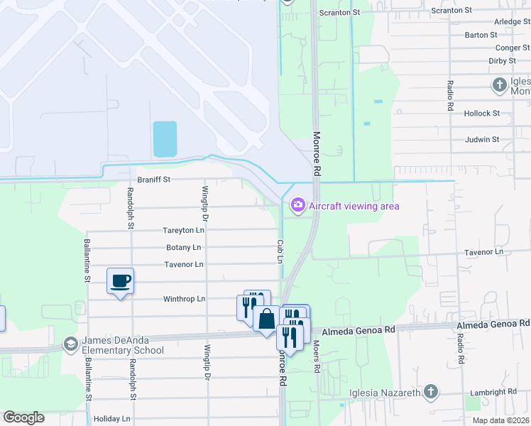 map of restaurants, bars, coffee shops, grocery stores, and more near 8432 Jet Pilot Street in Houston