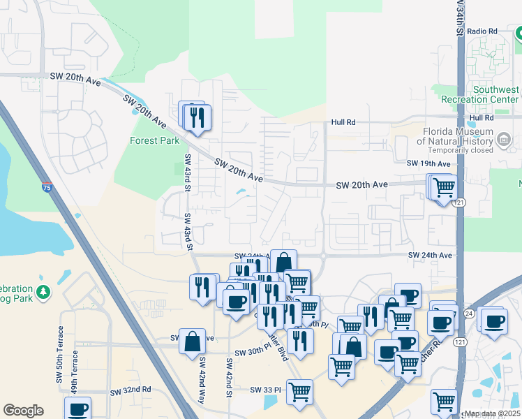 map of restaurants, bars, coffee shops, grocery stores, and more near 4025 Southwest 21st Lane in Gainesville