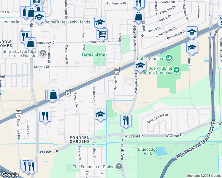 map of restaurants, bars, coffee shops, grocery stores, and more near 12865 Dunlap Street in Houston