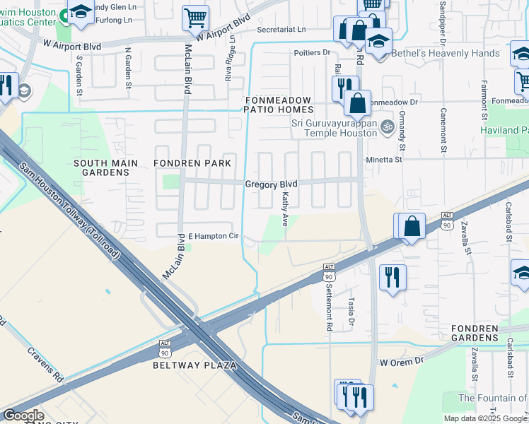 map of restaurants, bars, coffee shops, grocery stores, and more near 11858 South Marianne Circle in Houston