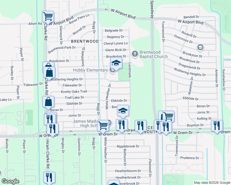 map of restaurants, bars, coffee shops, grocery stores, and more near 3827 Knotty Oaks Trail in Houston