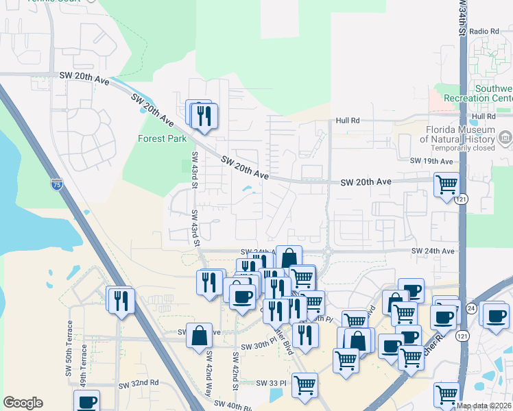 map of restaurants, bars, coffee shops, grocery stores, and more near 4117 Southwest 20th Avenue in Gainesville