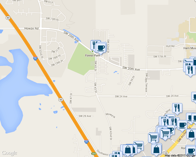 map of restaurants, bars, coffee shops, grocery stores, and more near 4211 Southwest 21st Place in Gainesville