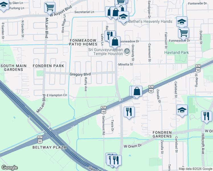 map of restaurants, bars, coffee shops, grocery stores, and more near 11851 S Evelyn Cir in Houston