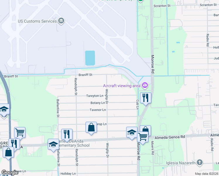 map of restaurants, bars, coffee shops, grocery stores, and more near 8302 Jet Pilot Street in Houston