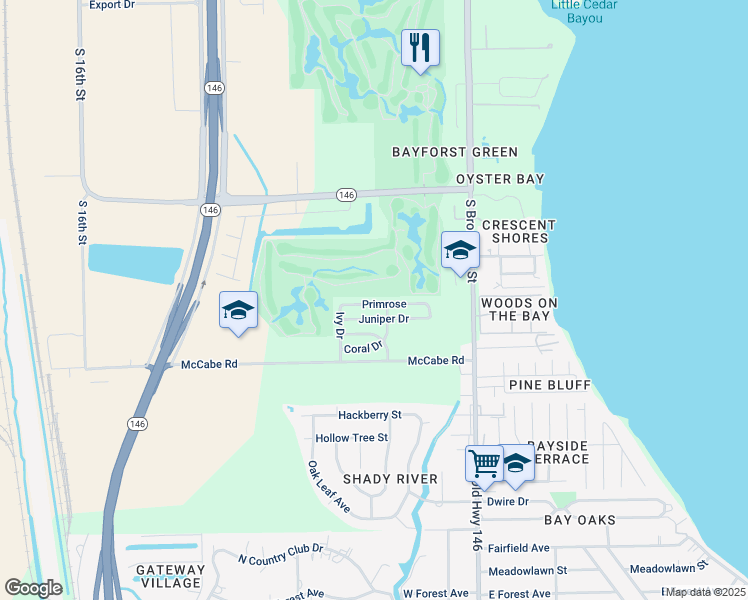 map of restaurants, bars, coffee shops, grocery stores, and more near 619 Primrose in La Porte