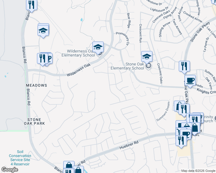 map of restaurants, bars, coffee shops, grocery stores, and more near 20523 Cliff Park Lane in San Antonio