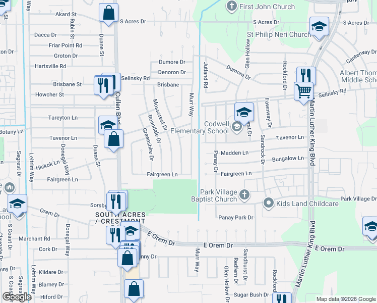 map of restaurants, bars, coffee shops, grocery stores, and more near 11806 Bay Cedar Drive in Houston