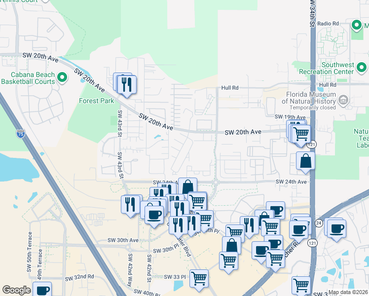 map of restaurants, bars, coffee shops, grocery stores, and more near 2117 Southwest 39 Drive in Gainesville