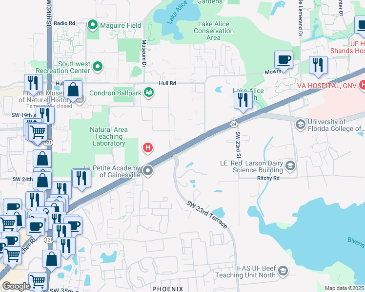 map of restaurants, bars, coffee shops, grocery stores, and more near 2360 Southwest Archer Road in Gainesville