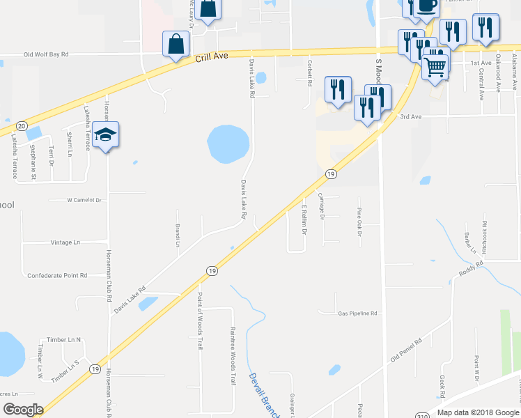 map of restaurants, bars, coffee shops, grocery stores, and more near 108 Nicole Drive in Palatka