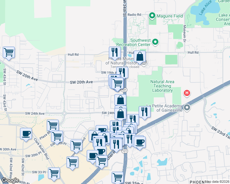 map of restaurants, bars, coffee shops, grocery stores, and more near 2104 Southwest 34th Street in Gainesville