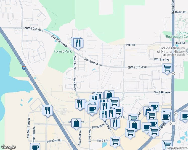 map of restaurants, bars, coffee shops, grocery stores, and more near 4117 Southwest 20th Avenue in Gainesville