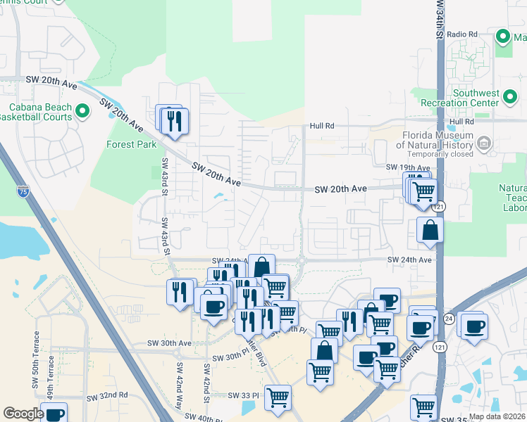map of restaurants, bars, coffee shops, grocery stores, and more near 2117 Southwest 39 Drive in Gainesville
