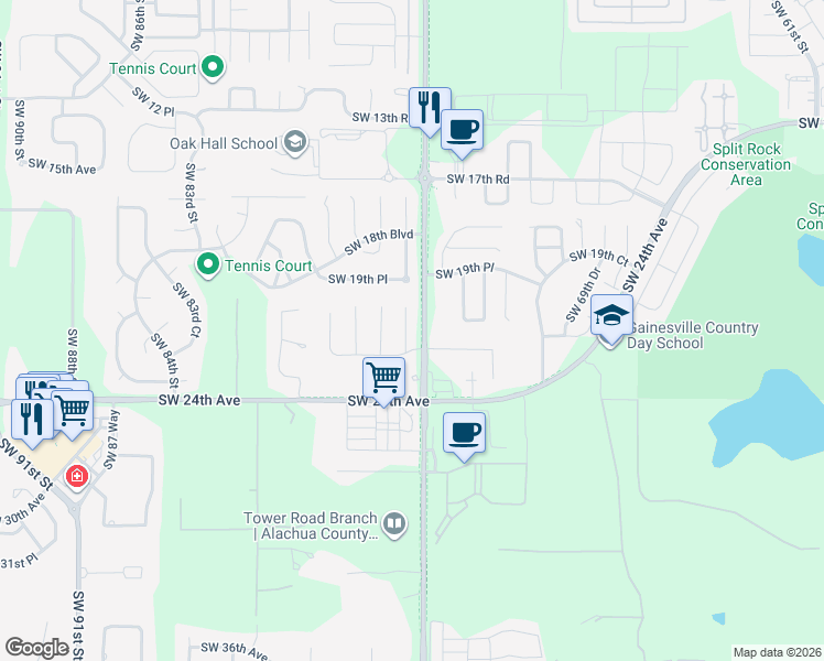 map of restaurants, bars, coffee shops, grocery stores, and more near 2103 Southwest 75th Terrace in Gainesville