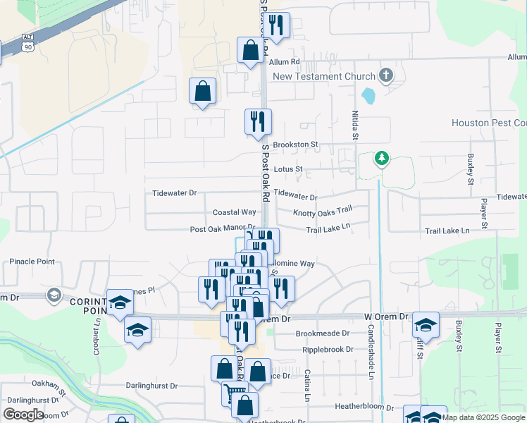 map of restaurants, bars, coffee shops, grocery stores, and more near South Post Oak Road in Houston