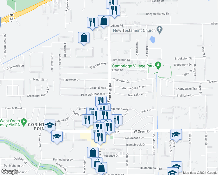 map of restaurants, bars, coffee shops, grocery stores, and more near South Post Oak Road in Houston