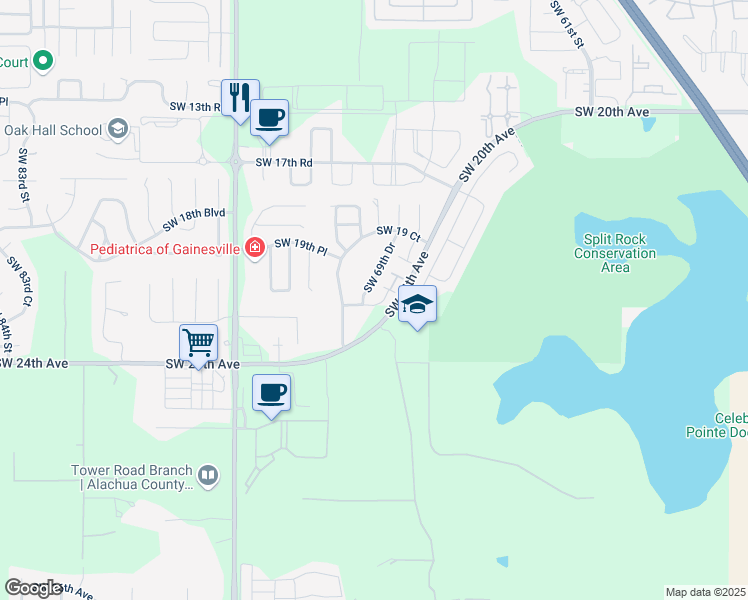 map of restaurants, bars, coffee shops, grocery stores, and more near 6935 Southwest 21st Lane in Gainesville