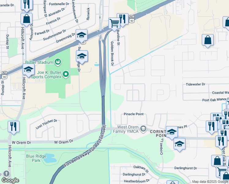 map of restaurants, bars, coffee shops, grocery stores, and more near 6427 Linden Knoll Lane in Houston