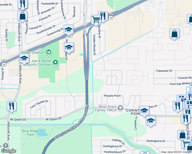 map of restaurants, bars, coffee shops, grocery stores, and more near 6427 Linden Knoll Lane in Houston