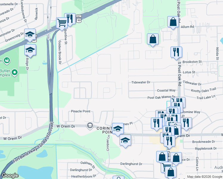 map of restaurants, bars, coffee shops, grocery stores, and more near 6003 Maypine Lane in Houston