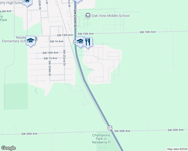 map of restaurants, bars, coffee shops, grocery stores, and more near 24650 Southwest 21st Circle in Newberry