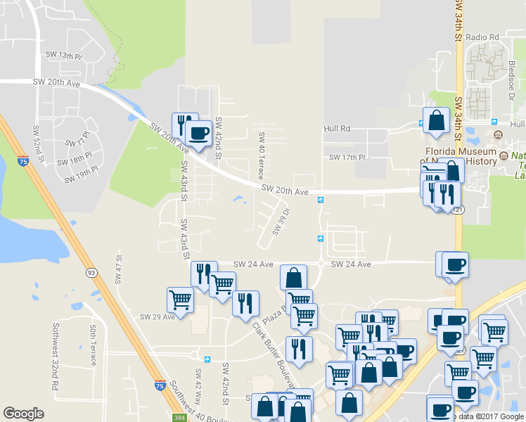 map of restaurants, bars, coffee shops, grocery stores, and more near 4005 Southwest 21st Lane in Gainesville