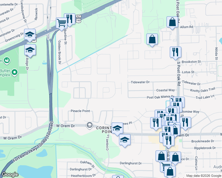 map of restaurants, bars, coffee shops, grocery stores, and more near 6003 Maypine Lane in Houston